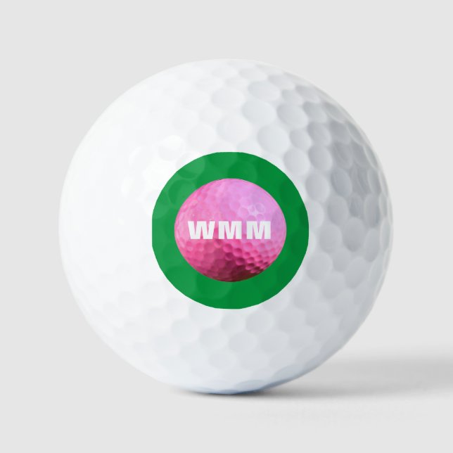 Modern Pink/Green Monogrammed Golf Ball (Front)