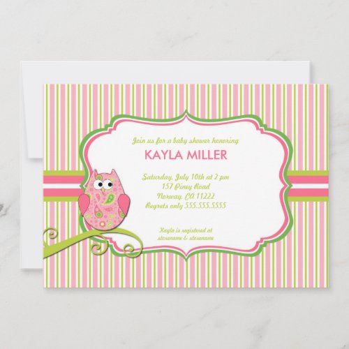 Modern Pink &amp; Green Paisley Owl Baby Shower Invite