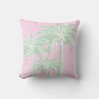 Modern Pink Green Palm Tree Preppy Coastal Summer Throw Pillow