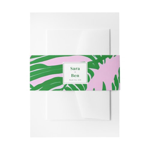 Modern Pink  Green Palm Tree Wedding Invitation Belly Band