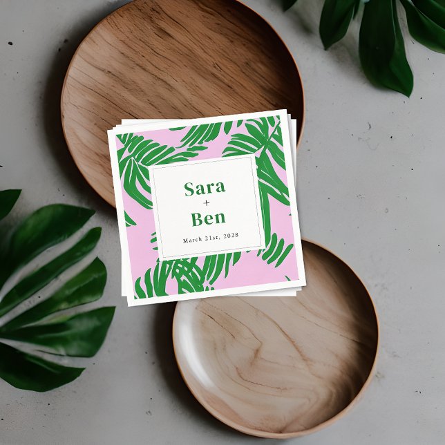 Modern Pink + Green Palm Tree Wedding Napkins (Creator Uploaded)