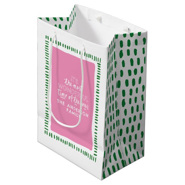 Modern Pink & Green Personalized Holiday Gift Bag (Front Angled)
