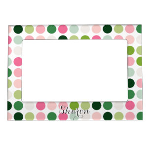 Modern pink green polka dots pattern monogram magnetic frame