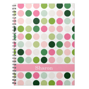 Modern pink green polka dots pattern monogram notebook
