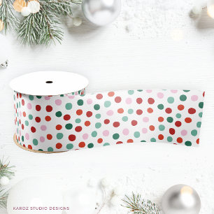 Modern Pink, Green & Red Polka Dot Christmas Satin Ribbon