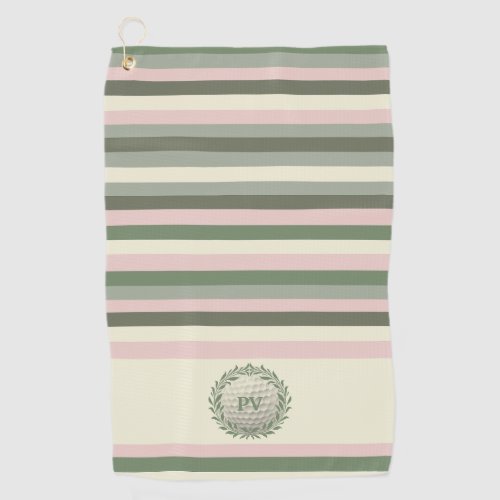Modern Pink Green Stripe Monogrammed  Golf Towel