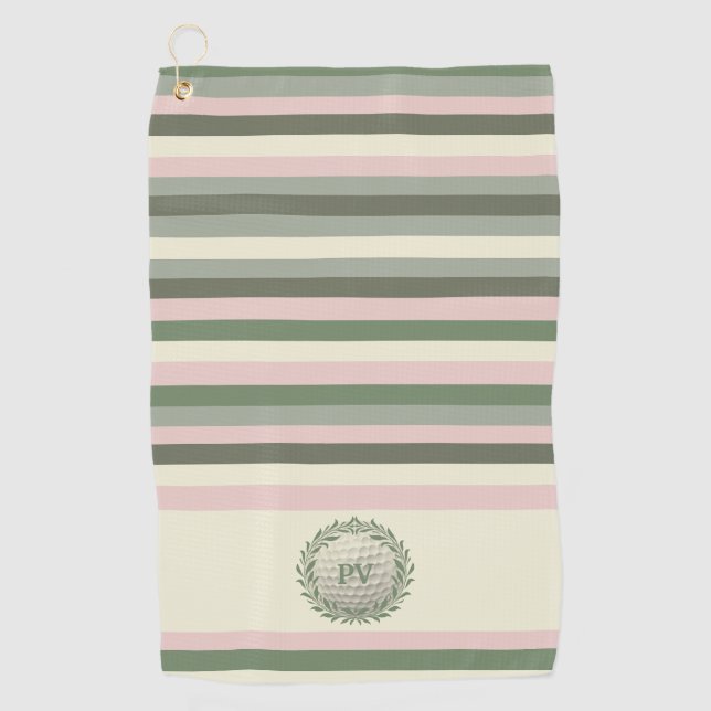 Modern Pink Green Stripe Monogrammed  Golf Towel (Front)