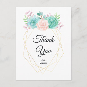 Modern Pink & Green Succulent Watercolor Thank You Postcard