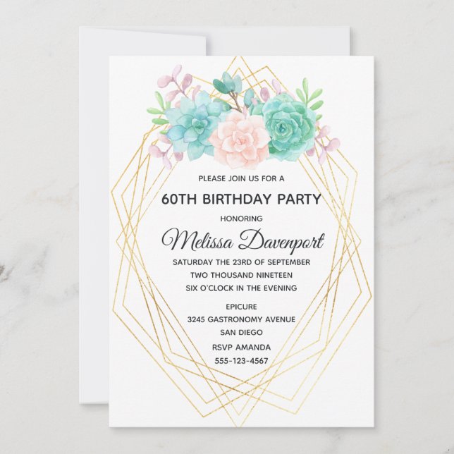 Modern Pink & Green Succulents Watercolor Birthday Invitation (Front)