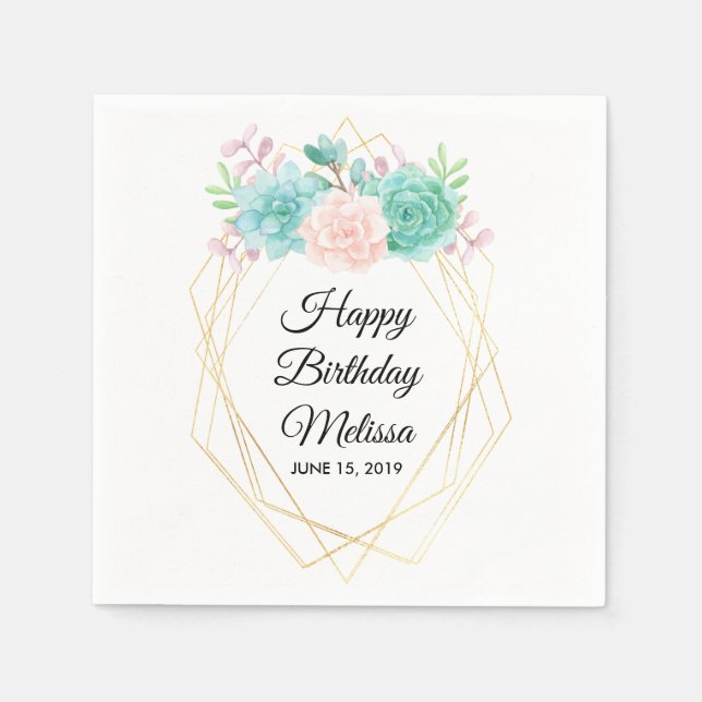 Modern Pink & Green Succulents Watercolor Birthday Napkins (Front)