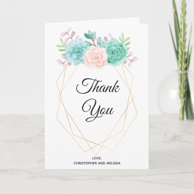 Modern Pink & Green Succulents Wedding Thank You Card (Front)