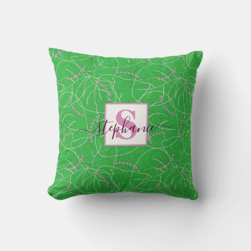 Modern Pink Green Tropical Floral Monogram Throw Pillow