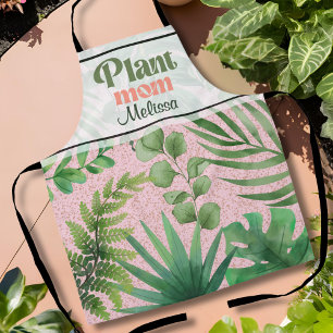Modern Pink Green Watercolor Leaves Plant Mom Apron