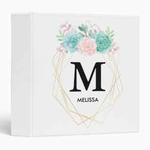 Modern Pink & Green Watercolor Succulents Monogram 3 Ring Binder
