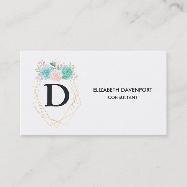 Modern Pink & Green Watercolor Succulents Monogram Business Card (Front)