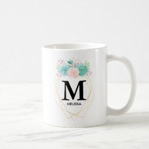 Modern Pink & Green Watercolor Succulents Monogram Coffee Mug