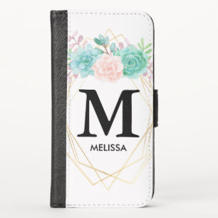 Modern Pink & Green Watercolor Succulents Monogram iPhone X Wallet Case