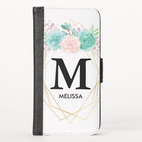 Modern Pink  Green Watercolor Succulents Monogram iPhone X Wallet Case