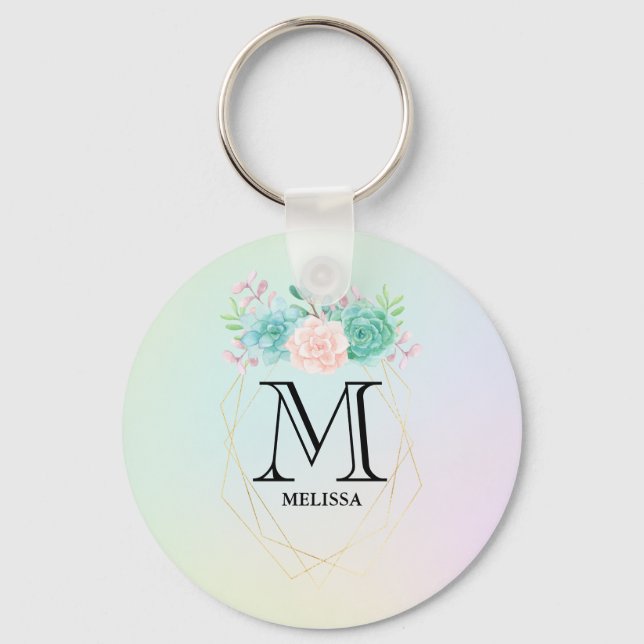 Modern Pink & Green Watercolor Succulents Monogram Keychain (Front)