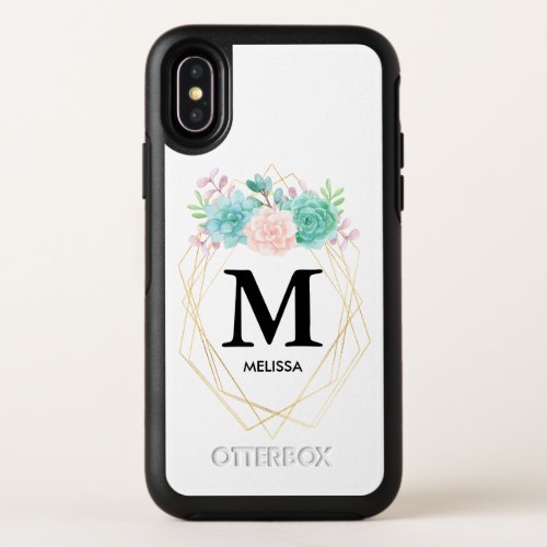 Modern Pink  Green Watercolor Succulents Monogram OtterBox Symmetry iPhone X Case