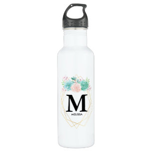 Modern Pink & Green Watercolor Succulents Monogram Stainless Steel Water Bottle