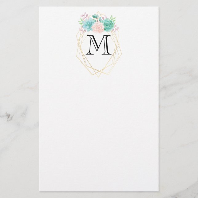 Modern Pink & Green Watercolor Succulents Monogram Stationery (Front)
