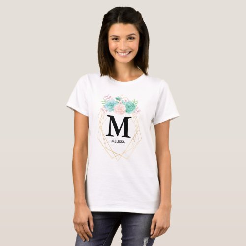 Modern Pink  Green Watercolor Succulents Monogram T_Shirt