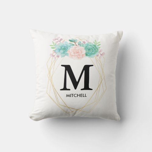 Modern Pink  Green Watercolor Succulents Monogram Throw Pillow