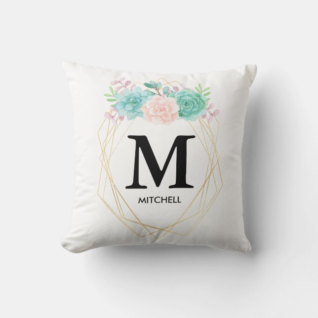 Modern Pink & Green Watercolor Succulents Monogram Throw Pillow (Front)