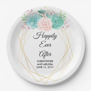 Modern Pink & Green Watercolor Succulents Wedding Paper Plates