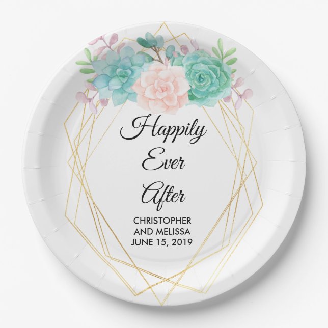 Modern Pink & Green Watercolor Succulents Wedding Paper Plates (Front)