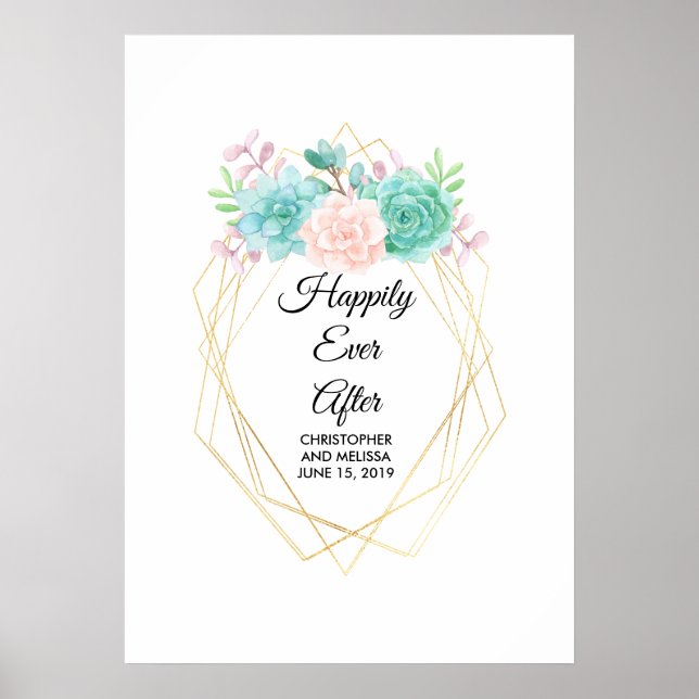 Modern Pink & Green Watercolor Succulents Wedding Poster (Front)
