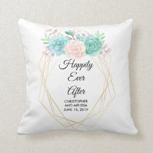 Modern Pink & Green Watercolor Succulents Wedding Throw Pillow