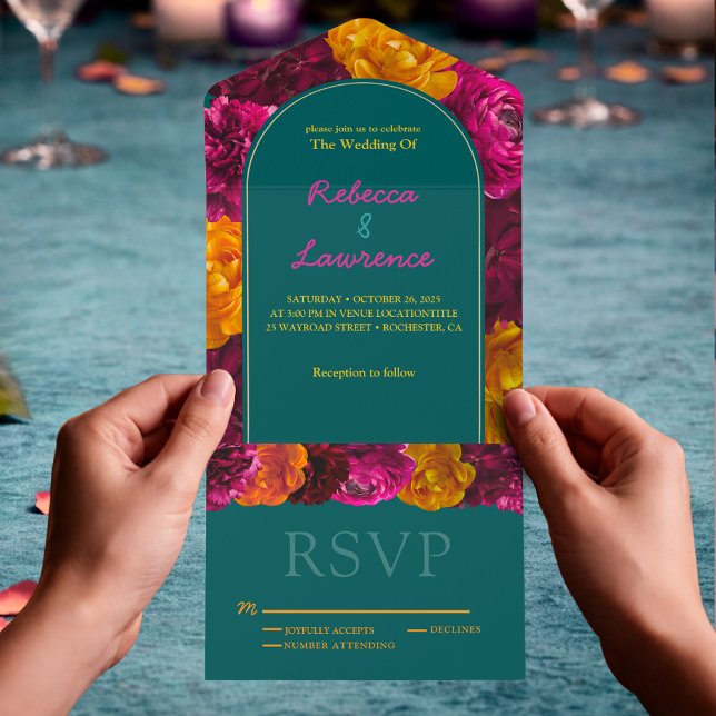 Modern pink green yellow floral  all in one invitation (Creator Uploaded)