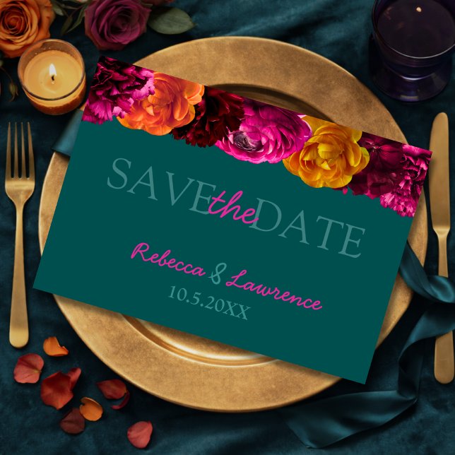 Modern pink green yellow floral  save the date (Creator Uploaded)