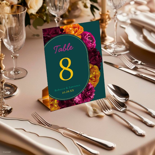 Modern pink green yellow floral  table number (Creator Uploaded)