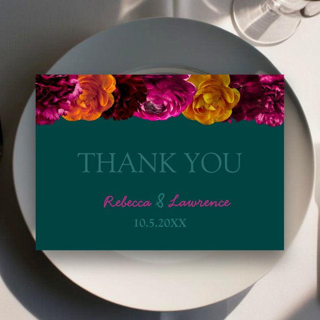 Modern pink green yellow floral  thank you card (Creator Uploaded)
