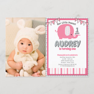 Modern Pink Grey Baby Elephant First Birthday Phot Invitation