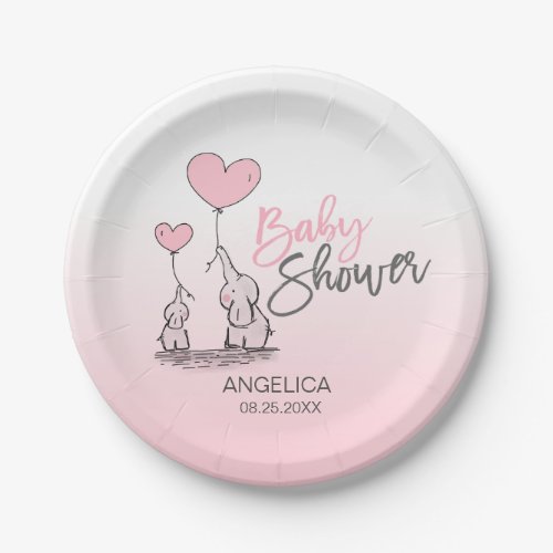 Modern Pink Grey Blue Elephant GIRL Baby Shower Paper Plates
