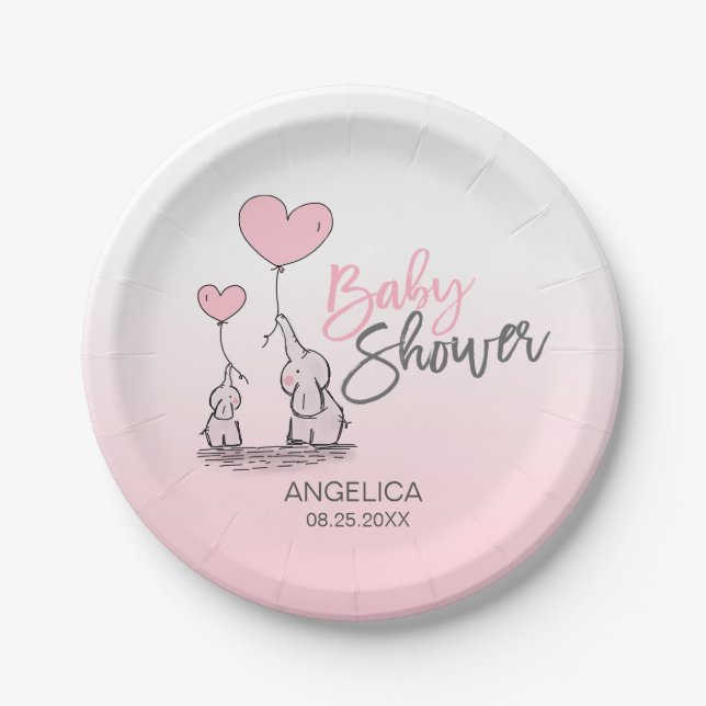 Modern Pink Grey Blue Elephant GIRL Baby Shower Paper Plates (Front)