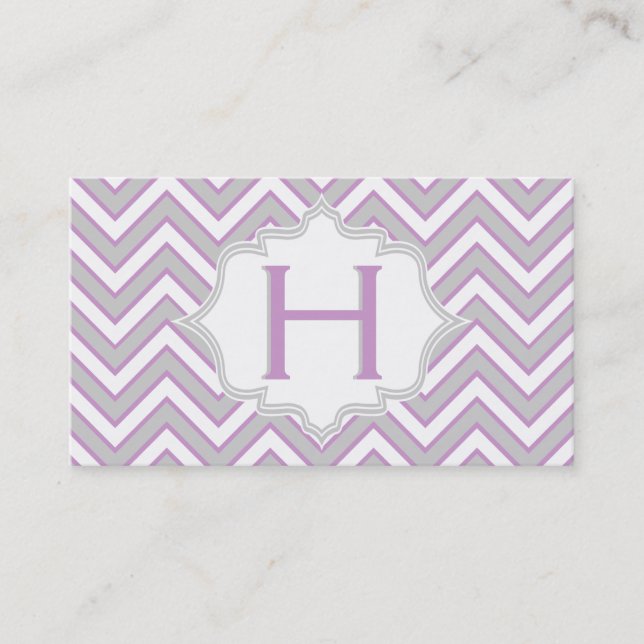 Modern pink, grey chevron monogram personalized business card (Front)