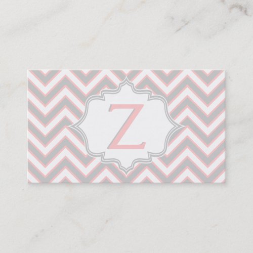 Modern pink, grey chevron monogram personalized business card templates
