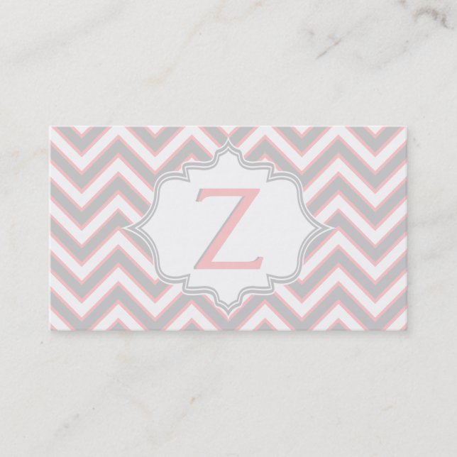 Modern pink, grey chevron monogram personalized business card (Front)