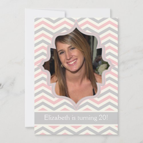 Modern pink, grey chevron zigzag birthday photo announcements