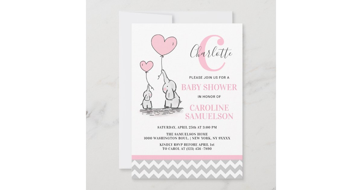 Modern Pink Grey Elephant BABY SHOWER Baby Girl Invitation | Zazzle
