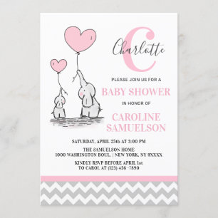 Modern Pink Grey Elephant BABY SHOWER Baby Girl Invitation