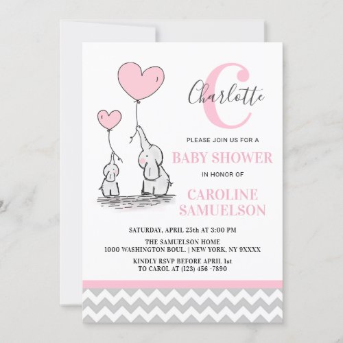 Modern Pink Grey Elephant BABY SHOWER Baby Girl Invitation