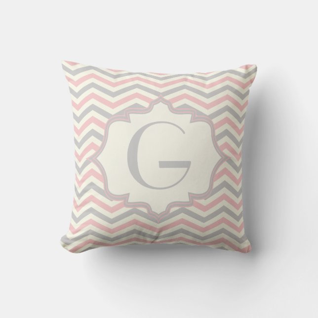 Modern pink, grey, ivory chevron pattern custom throw pillow (Front)