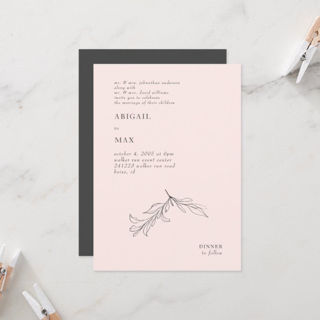 Modern Pink & Grey Pencil Foliage Wedding Invitation (Front/Back In Situ)
