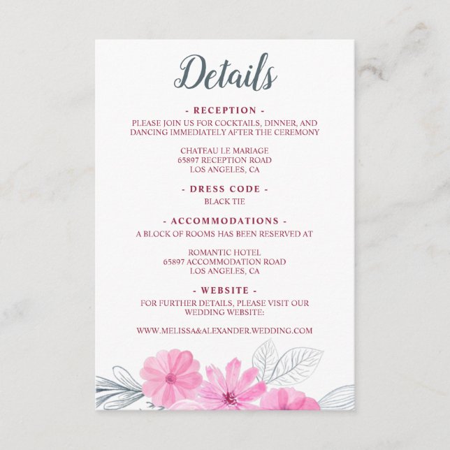 Modern pink grey watercolor flowers spring wedding enclosure card (Front)